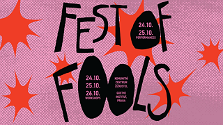 Das offizielle Logo des "Festival of Fools" 2025. Eine drollige Schrift auf rosa Hintergrund.