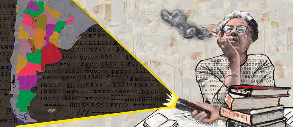 Illustration of Hannah Arendt illuminating a map of Latin America with a torch. 