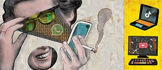 Illustration of the face of Hannah Arendt. In the background, a hand, mobile phone and screens. 