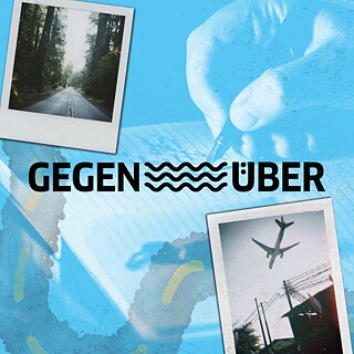 Two black-and-white polaroids on a light blue background featuring a road and a close-up of a hand holding a pen