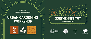 Green poster for an urban gardening workshop titled "Cultivating Sustainable Futures," with plant icons and logos of organizing partners.