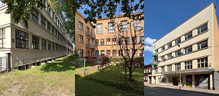 Von Aleksandrs Klinklāvs entworfene Gebäude in Grīziņkalns. Von links: vom Lettischen Roten Kreuz gegründete Einrichtungen: orthopädische Werkstatt (1933) in der Pērnavas iela 62 und Schule für Krankenpflegerinnen (1936) in der Jāņa Asara iela 5. Rechts: Bürogebäude der ehemaligen Schokoladenfabrik von Vilhelms Ķuze (1934) in der Artilērijas iela 55. 