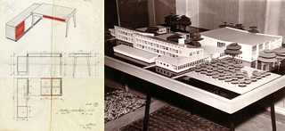 Entwurf für die Einrichtung des Lehrerzimmers und Modell des Erweiterungsprojekts für die Schule in Zvejniekciems (das Erweiterungsprojekt wurde nicht realisiert), 1963. Architektin – Marta Staņa.