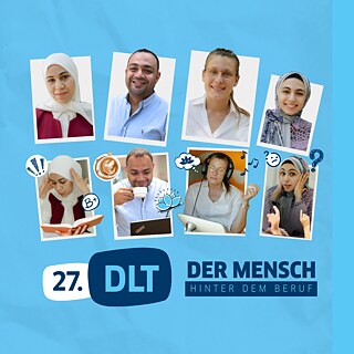 صورة تضم 8 وجوه لأشخاص مختلفين إلى جانب الشعار الرئيسي لـ DLT 2025 وهو "الإنسان خلف المهنة"، مكتوب بالألمانية باللون الأزرق الغامق على خلفية زرقاء فاتحة.