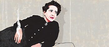 Illustration: Hannah Arendt halb liegend mit rauchender Zigarette in der rechten Hand