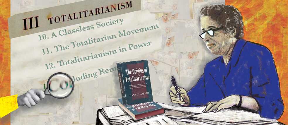 Illustration: Illustration: Hannah Arendt and her book “The Origins of Totalitarianism”