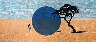 Colored linocut, depicting a man from behind, walking through a desert landscape, with the blue sky in the background. A tree is on the right, and a large, round, blue circle is in the center.