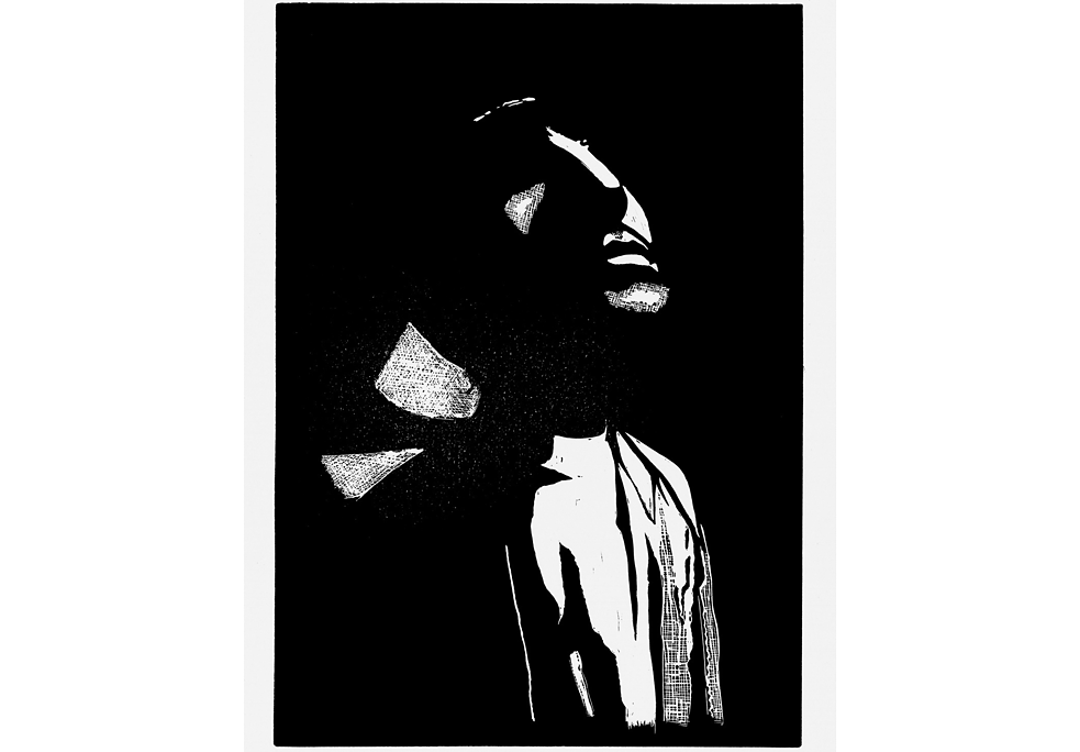Black and white linocut depicting a man looking upward.