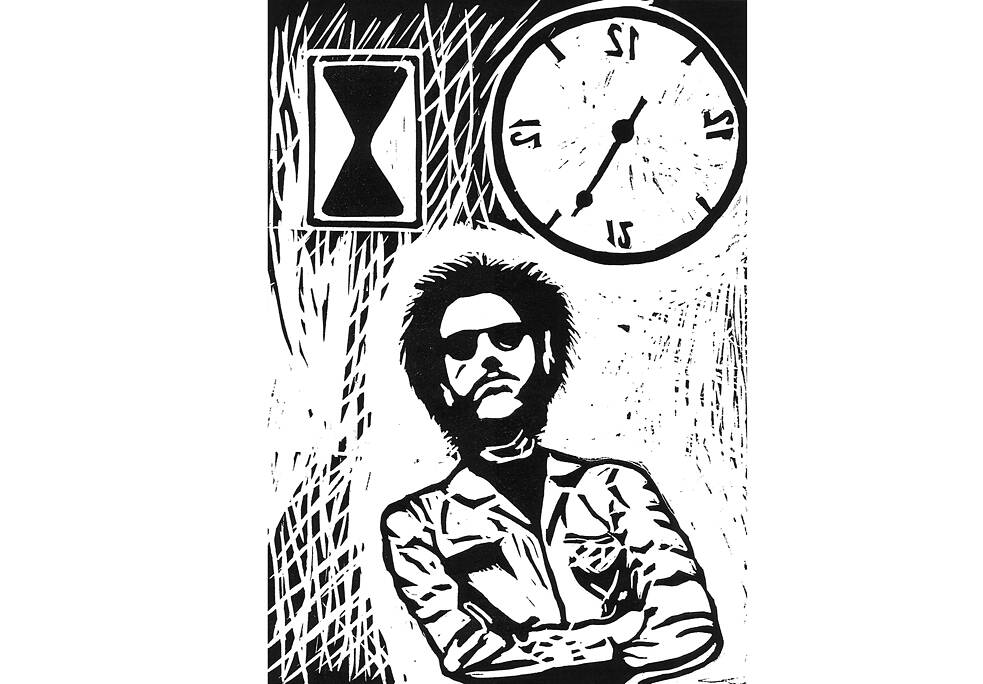 Black and white linocut depicting a man with crossed arms in profile, a clock to his right, an hourglass to his left.