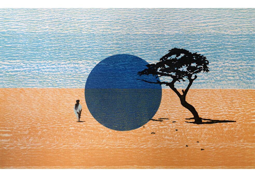 Colored linocut, depicting a man from behind, walking through a desert landscape, with the blue sky in the background. A tree is on the right, and a large, round, blue circle is in the center.