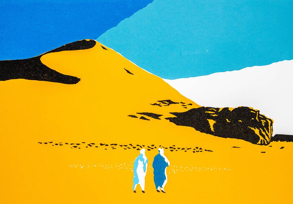 Colored linocut depicting two people, traditionally dressed, walking in the desert.