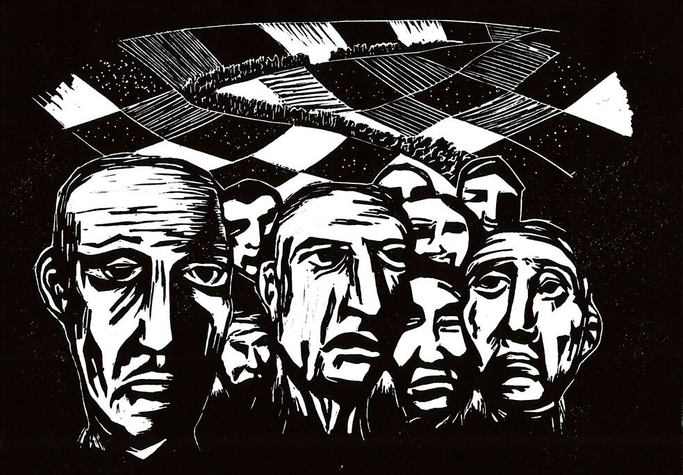 Black and white linocut, several tired faces in the foreground. A landscape with fields in the background.
