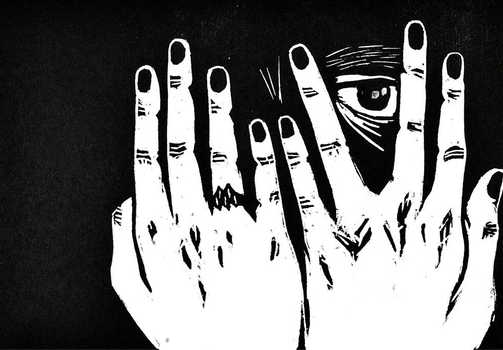 Black and white woodcut depicting a person covering their face with their hands and looking through their fingers with one eye.