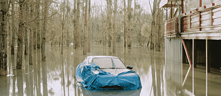  Une voiture enveloppée d’une bâche bleue est à moitié immergée, entourée d’arbres inondés et d’un bâtiment déserté portant une enseigne Coca-Cola délavée. La scène, à la fois calme et inquiétante, devient une métaphore de l’immobilité, de la fragilité et de la puissance de la nature. 