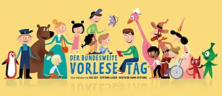Illustration mit lesenden und zuhörenden Menschen und Tieren