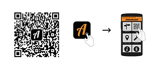 QR-Code zur App, Zeichnung von einem Finder, der auf das Actionboundsymbol klickt, Zeichnung von einem Finger, der auf einem Telefon mit der geöffneten App auf einen QR-Code klickt.