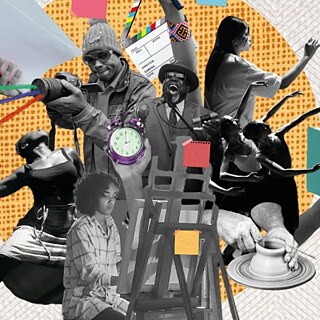 Das Bild zeigt eine Collage aus verschiedenen künstlerischen und kreativen Aktivitäten wie Malerei, Tanz, Lesen und Töpfern. In der Mitte befindet sich eine Staffelei, umgeben von dynamischen Figuren und Objekten wie einer Uhr und bunten Notizzetteln. Der Hintergrund ist grafisch gestaltet mit einem großen orangefarbenen Kreis, der die Szene hervorhebt.