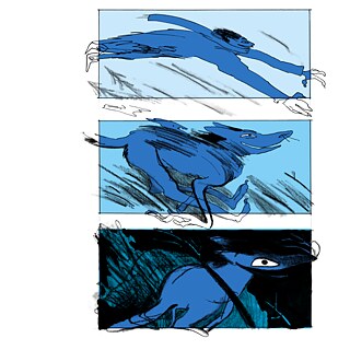 Tres viñetas en tonos azules: arriba una figura estilizada extendiéndose hacia adelante, en el centro un perro azul corriendo con movimiento dinámico, abajo el mismo perro en primer plano con mirada intensa. Líneas negras y sombreados resaltan velocidad y movimiento.