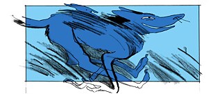 Ilustración de un perro azul estilizado corriendo hacia la derecha. El dibujo tiene trazos negros y sombreados que enfatizan el movimiento y la velocidad. Fondo de color azul claro.