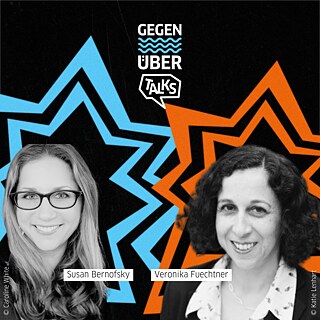 Grafik der GEGENÜBER-Talks, die die beiden Gesprächspartnerinnen Susan Bernofsky und Veronika Fuechtner zeigt