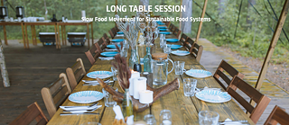 Langer Holztisch mit Tellern, Gläsern und Trockenblumen für eine Slow-Food-Veranstaltung im Freien.
