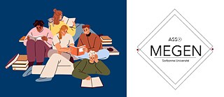 À gauche : Une illustration colorée montre cinq personnes assises ou allongées sur des coussins, plongées dans la lecture. Elles tiennent des livres ouverts et sont entourées de piles de livres posées au sol. Les vêtements sont variés et aux tons doux (rose, beige, vert, brun). L’arrière-plan est entièrement bleu foncé, ce qui met en valeur la scène de lecture. L’ambiance évoque un moment convivial et studieux.