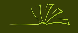 Grünes Logo. Stilisierte, geöffnete Buchgrafik in Hellgrün.