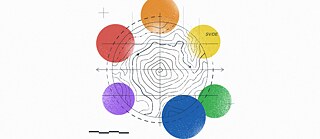Abstract illustration: geographical contour lines, coloured circles