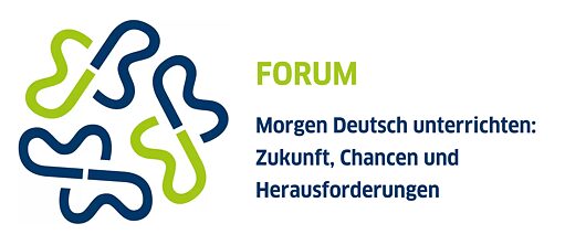 Logo des Projekts „Mit Deutsch durchstarten“ - abstrakte blauen und grünen Schleifenformen. Rechts daneben steht der Text: „FORUM – Morgen Deutsch unterrichten: Zukunft, Chancen und Herausforderungen“.