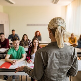 Eine Lehrerin steht vorne im Klassenraum und spricht zu einer Gruppe junger Erwachsener, die aufmerksam zuhören. Die Lernenden sitzen an Tischen mit Heften und Papieren vor sich und lächeln. Der Raum ist hell und freundlich mit großen Fenstern auf der rechten Seite. 