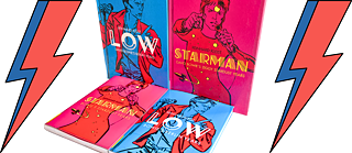 Covers of David Bowie graphic novels with vibrant lightning bolts.