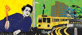 Illustration: Hannah Arendt reclining with a cigarette in her right hand, next to her the television tower, the underground and the world clock in Berlin.