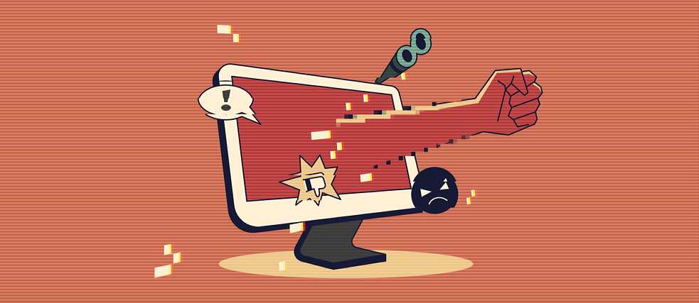 An illustration of a fist reaching out of a computer towards the user.
