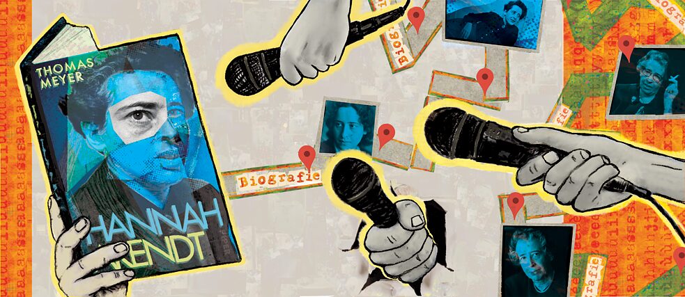 An illustration featuring Hannah Arendt's biography and several microphones in the foreground. 