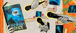 An illustration featuring Hannah Arendt's biography and several microphones in the foreground. 