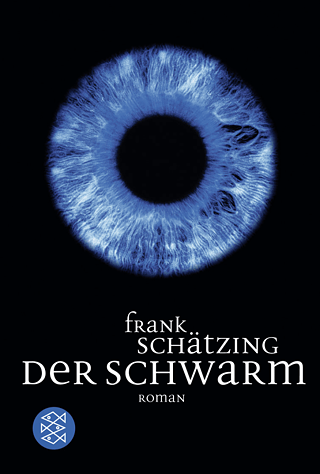 The cover of the book ‘The Swarm’, which shows a blue iris on a black background.
