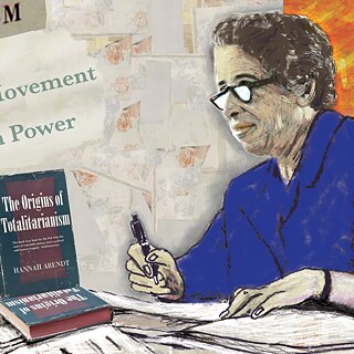Illustration: Hannah Arendt und ihr Buch „The Origins of Totalitarianism“