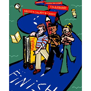 Three persons are walking towards the finish line.