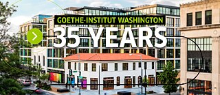 Bird's eye perspective of the building that houses the Goethe-Institut in Washington, DC with a banner that says "35 years Goethe-Institut Washington"