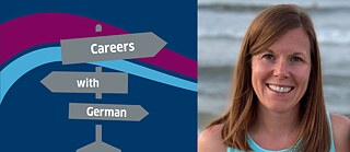 Portrait photo of Naomi Furlonger on the right, grey signpost on a dark blue background with the words ‘Careers with German’ on the left. 