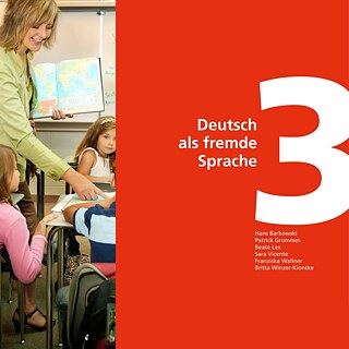 Links eine Unterrichtsszene, rechts der Umschlag des DLL 3 Lehrbuches