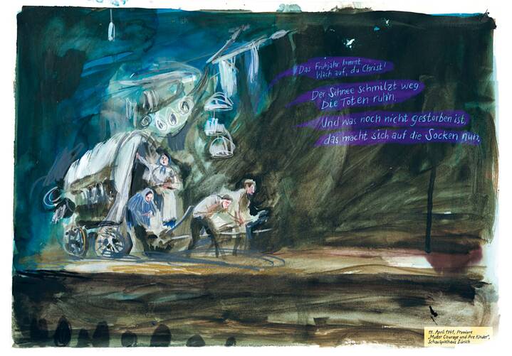 Zwei Frauen in einer Karrosse, die in der Nacht von zwei Männern gezogen wird.