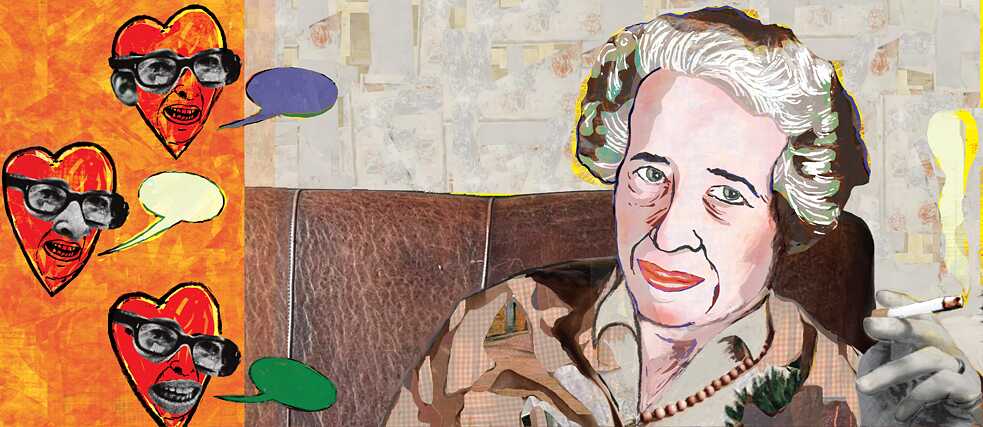 Illustration von Hannah Arendt, die auf einem Sofa sitzt.