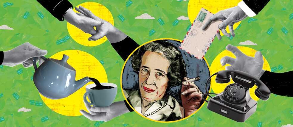 Ilustracja przedstawia Hannah Arendt w centrum, otoczoną dłońmi i literami.