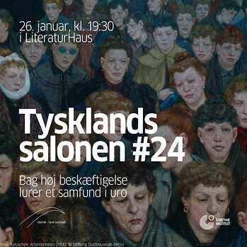 Visual für Tysklandssalonen #24. Der Hintergrund besteht aus einem Gemälde des Künstlers Hans Baluschek, Die Arbeiterinnen (1900)