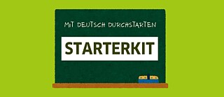 Grüne Tafel mit Text: Mit Deutsch durchstarten – Starterkit