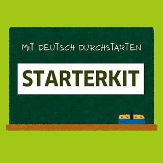 Grüne Tafel mit Text: Mit Deutsch durchstarten – Starterkit