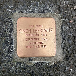 Foto: Draufsicht auf den Stolperstein für Simon Lefkowitzauf dem Gehweg