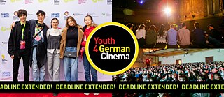 L’image est un collage de trois photos et du logo « Youth 4 German Cinema ». À gauche, un groupe de cinq jeunes se tient sur un tapis rouge devant un mur de logos de partenaires et sourit à l’objectif. En haut à droite, plusieurs personnes sont assises sur une scène et s’adressent à une salle de cinéma remplie. En bas à droite, on voit une grande salle de cinéma avec de nombreux spectateurs regardant l’écran.