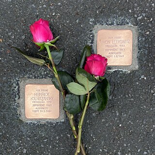 Foto: Draufsicht auf die Stolpersteine auf dem Gehweg